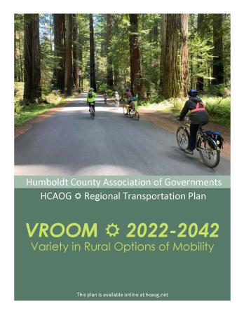 VROOM 2022-2042 cover: Adults and a child ride bicycles on a road surrounded by redwood trees